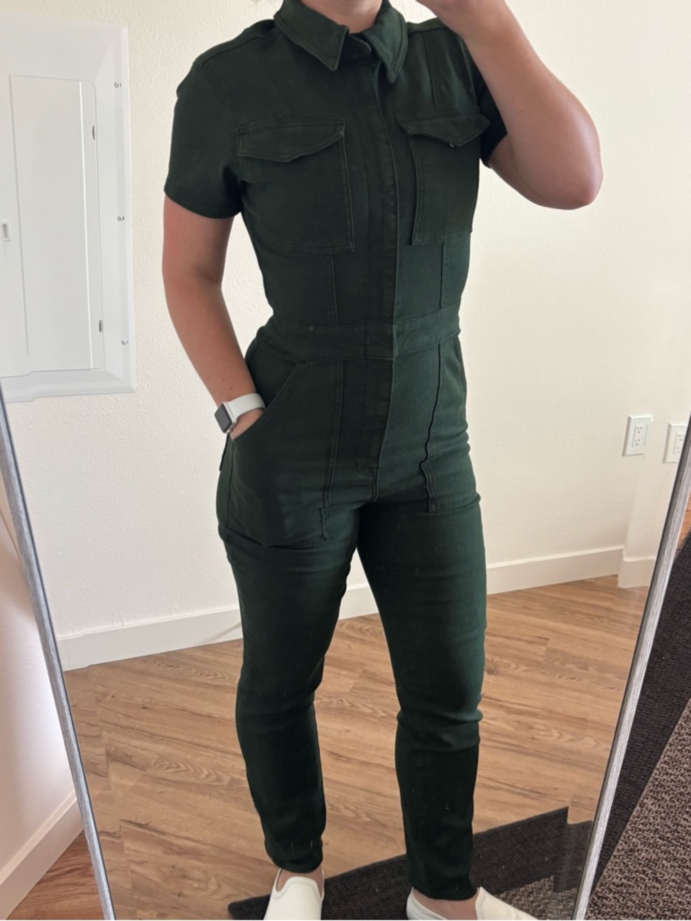 Good American Dark Green Utility denim Jumpsuit fit for success sz 2